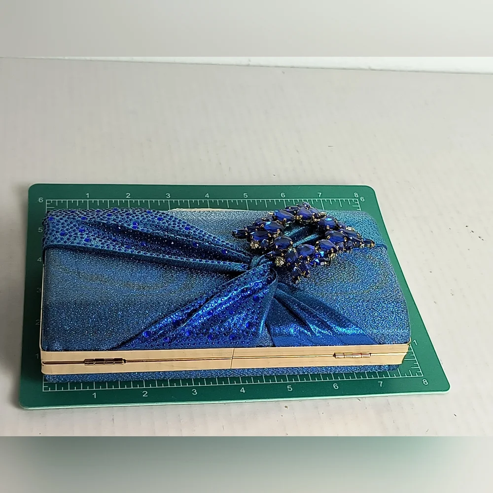 Exquisite Shimmer Multi Blue Satin Evening Clutch Bag Clasp Closure Metallic